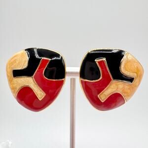 Vintage Big 80s Monet Clip On Earrings Modernist Abstract Puzzle Chic Signed